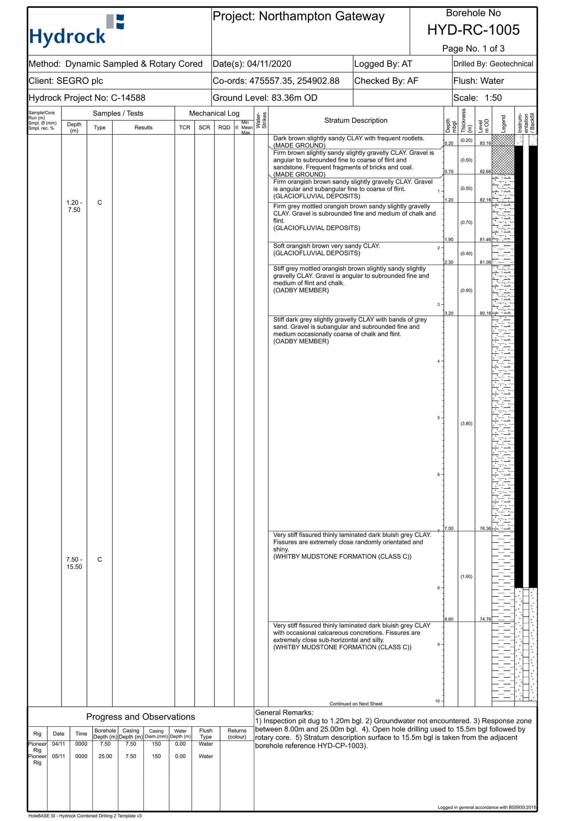 Hydrock borehole log sheet for HYD-RC-1005 at Northampton Gateway, showing made ground at the surface over glaciofluvial deposits, Oadby Member clay and Whitby Mudstone Formation.