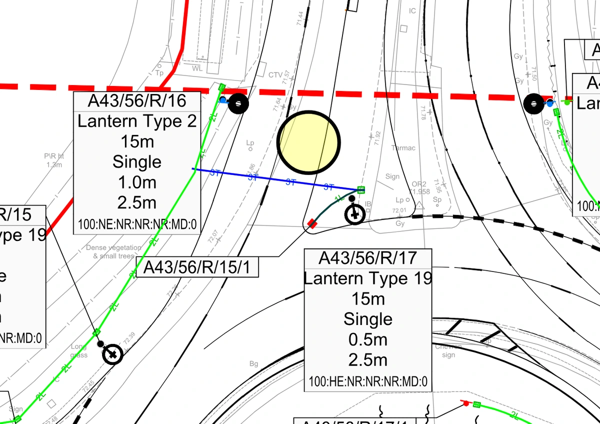 Extract from a highway ducting layout drawing showing a blue trenchless duct run annotated 3T crossing between two chambers, with green open-cut duct runs annotated 2L following the verge, lighting column schedules boxed alongside and survey annotation for dense vegetation and long grass.
